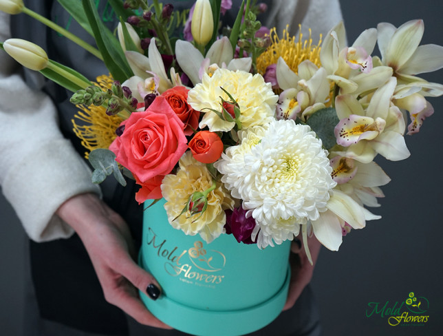 Box with orchids, tulips, and chrysanthemum photo